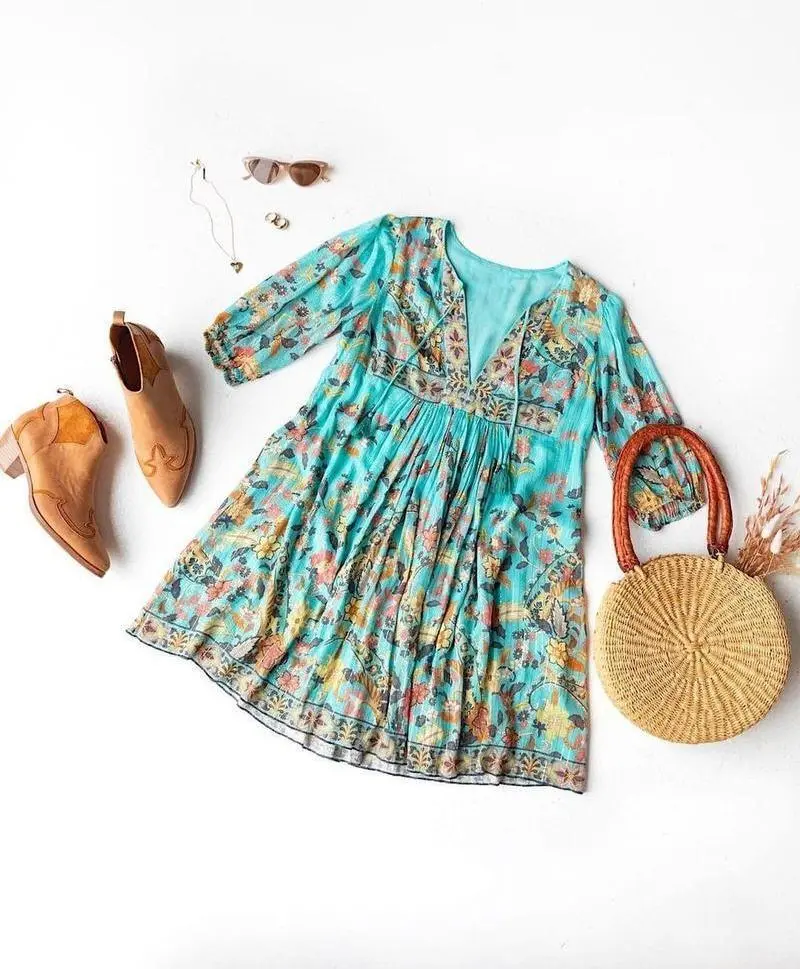 Boho Print 3/4 Sleeve Tassel Mini Dress