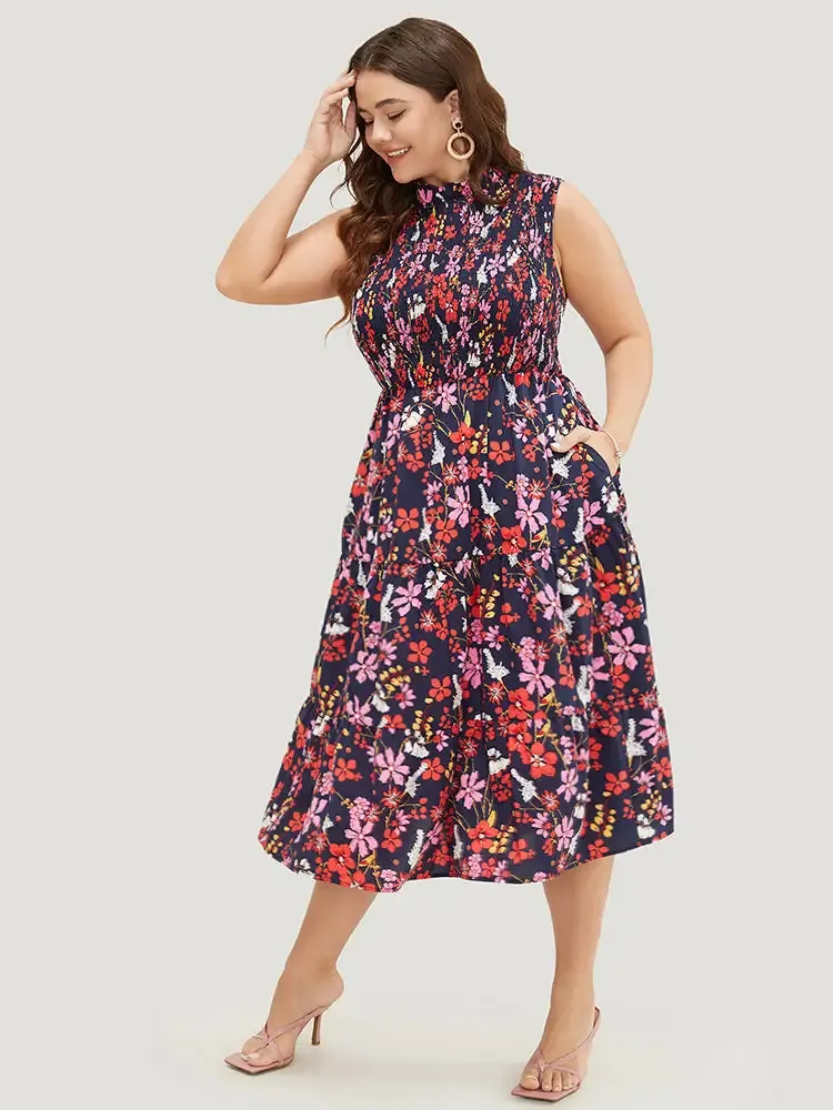 Floral Shirred Mock Neck Cut Out Pocket Ruffle Hem Dress