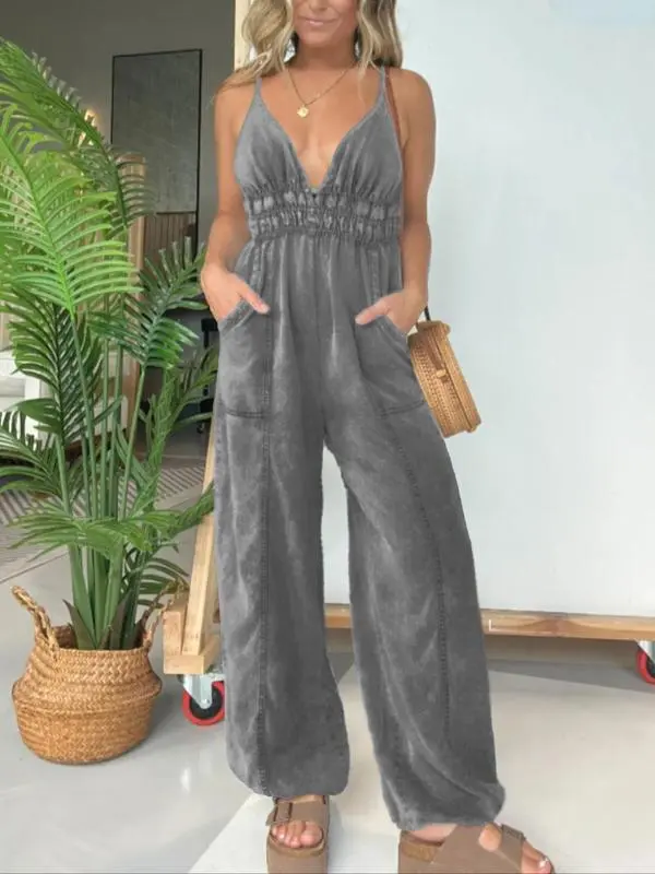 Women's Backless Denim Cami Jumpsuit – Casual Wide-Leg Overalls with Pockets, Minimalist Sleeveless Outfit for Daily & Summer Wear