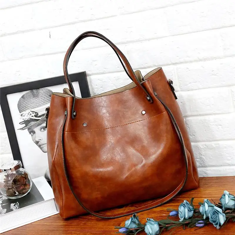Ladies retro four-piece large-capacity Picture-mother bag, solid color handbag, one-shoulder diagonal bag