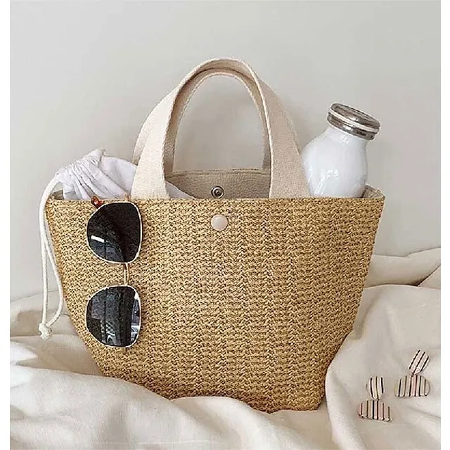 Women's Top Handle Bag Straw Daily Going out Pearls Geometric Black White
