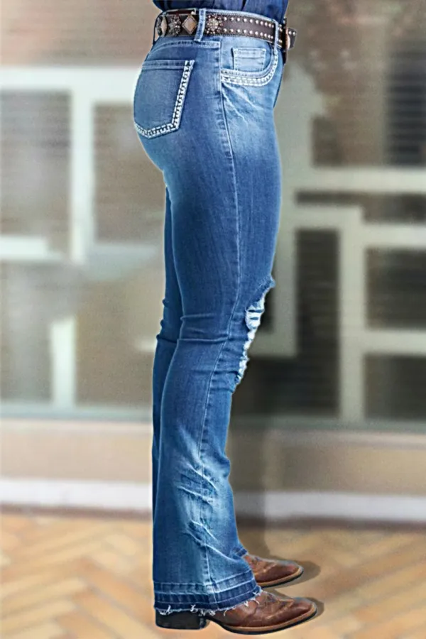 Distressed Pocket Detail Mid Waist Bootcut Jeans Without Belt