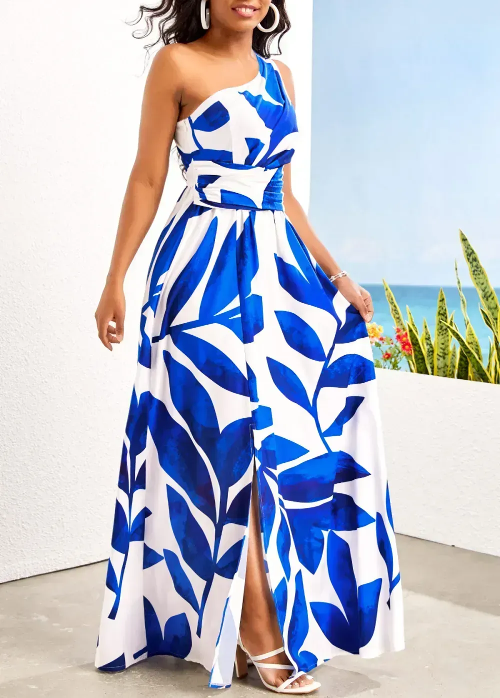 Blue Asymmetry Leaf Print Sleeveless Maxi Dress