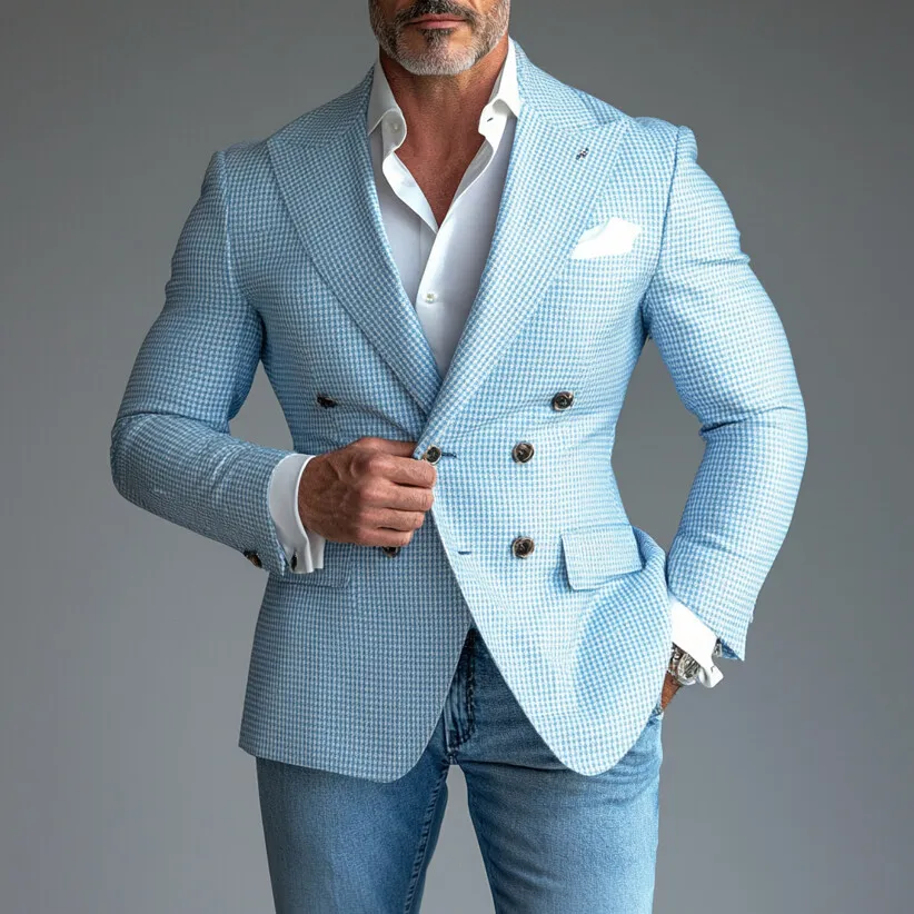 Men's Peak Lapel Double Breasted Chest Pocket Houndstooth Pattern Blazer