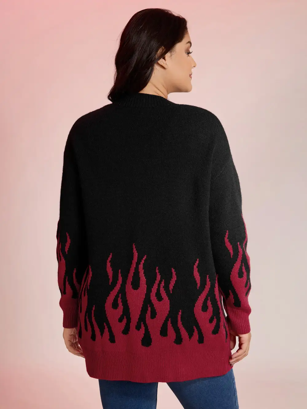 Flame Pattern Ribbed Hem Pockets Knit Cardigan