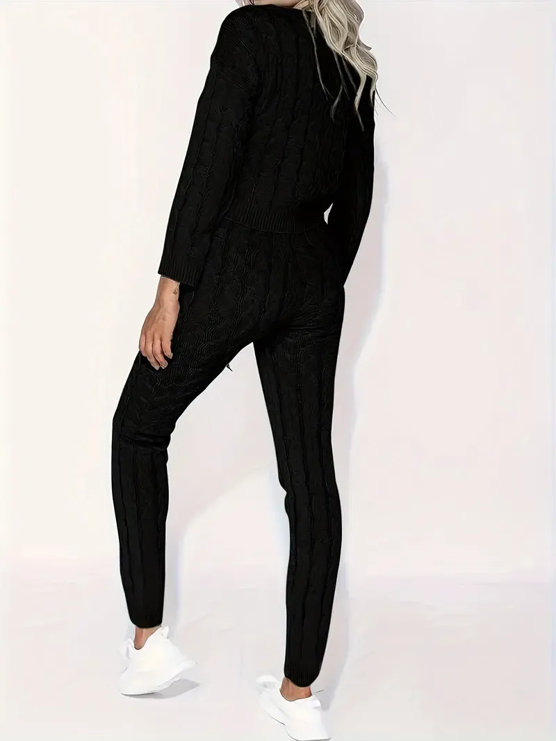 Solid Knitted Matching Two-piece Set, Casual Long Sleeve Sweater & Pants Outfits, Women's Clothing