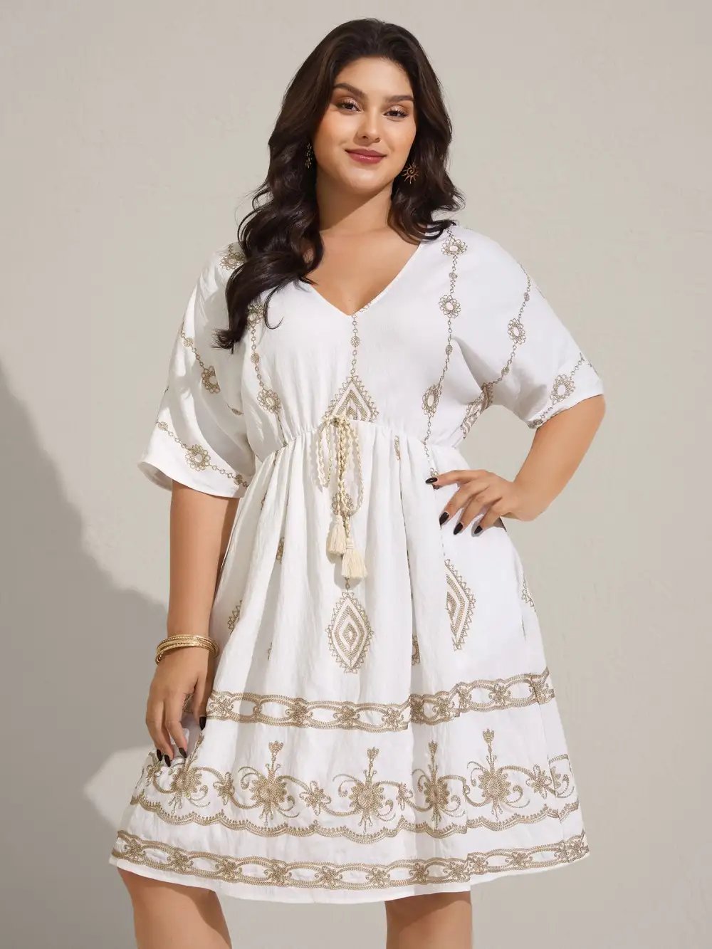 Boho Embroidered Waist Tie Midi Dress