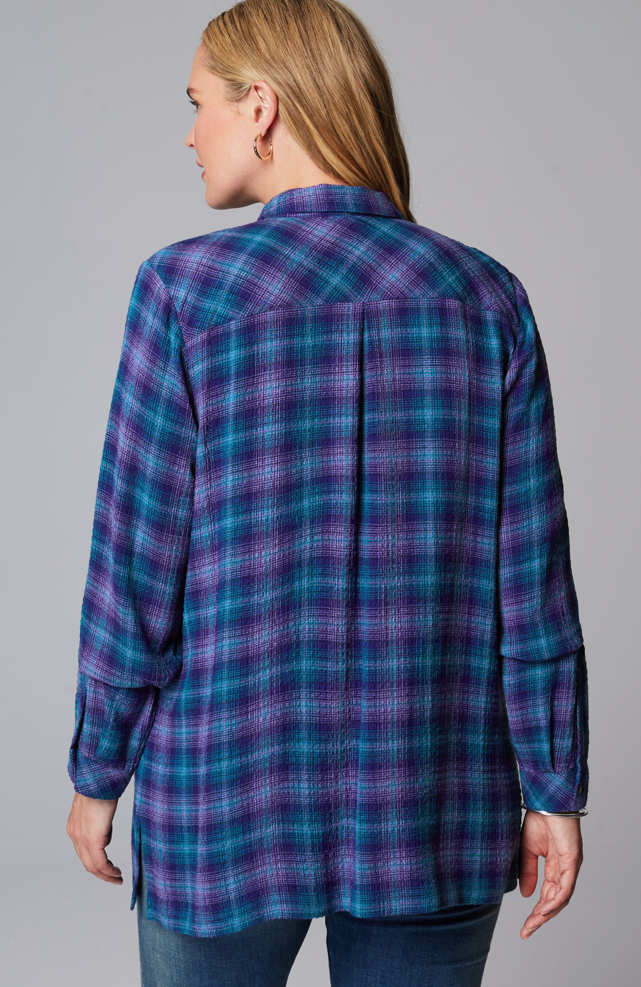 Crinkled Plaid Button-Front Tunic