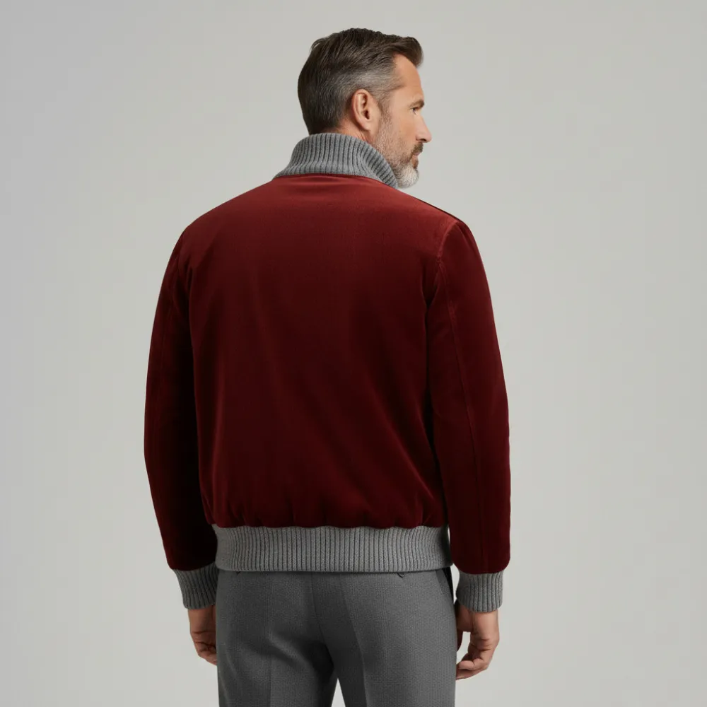 Men's Burgundy Stand Collar Long Sleeve Flap Pocket Zipper Velvet Jacket