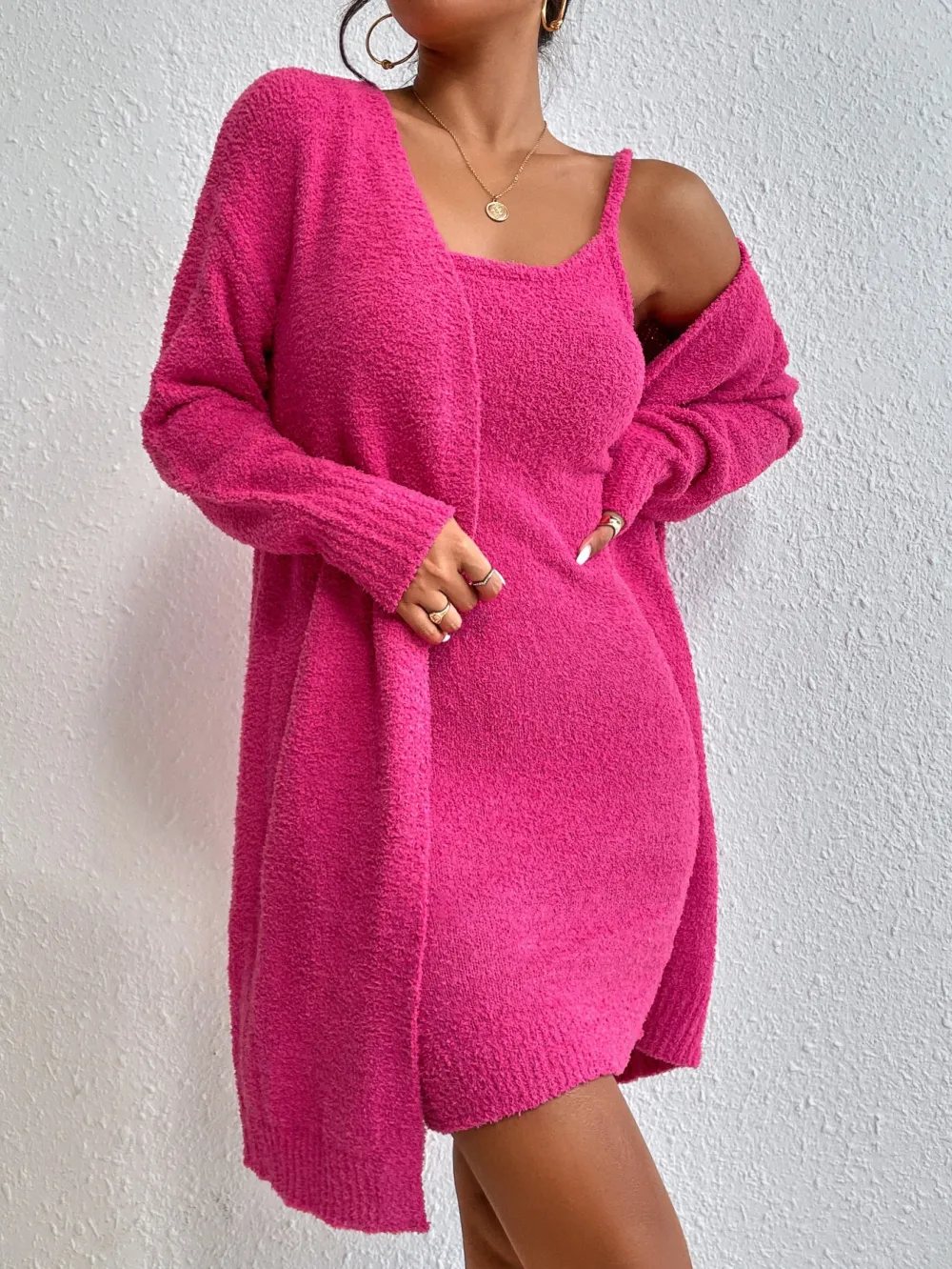 Solid Cami Sweater Dress & Drop Shoulder Cardigan