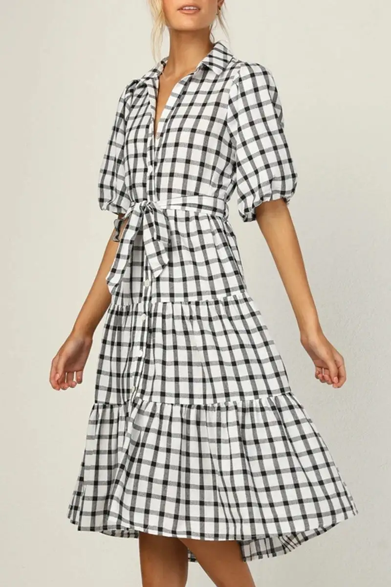 Fashion Casual Plaid Split Joint Turndown Collar A Line Dresses