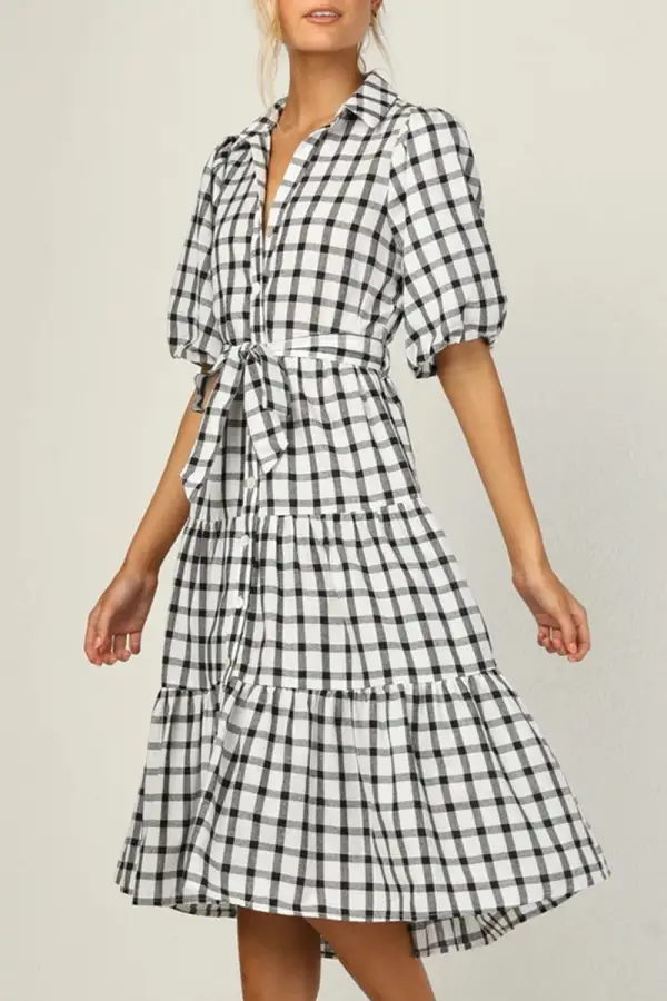 Fashion Casual Plaid Split Joint Turndown Collar A Line Dresses