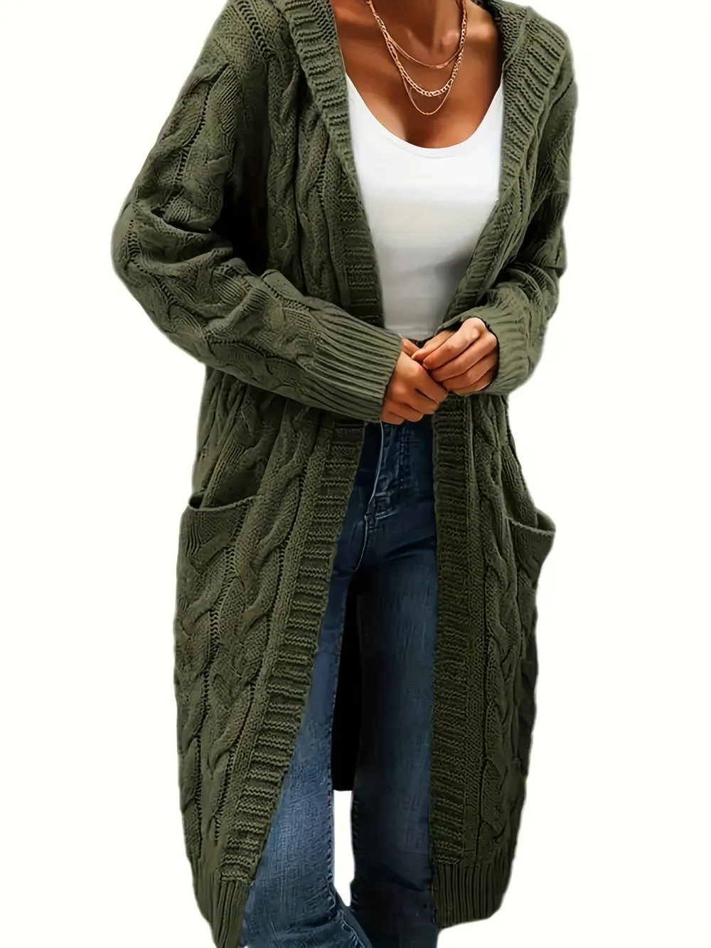 Cozy Long Sleeve Mid-Length Solid Color Cable Knit Hooded Cardigan - Soft Micro Elasticity Polyester, Casual Pocket Sweater for Women