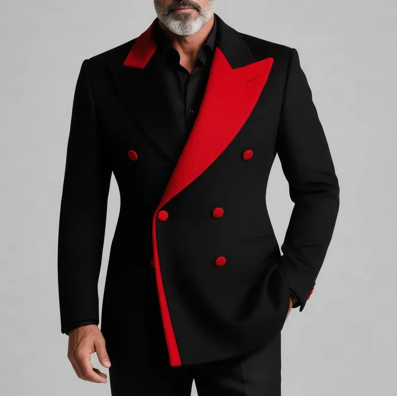 Men's Business Black And Red Contrast Peak Lapel Double Breasted Long Sleeve Blazer