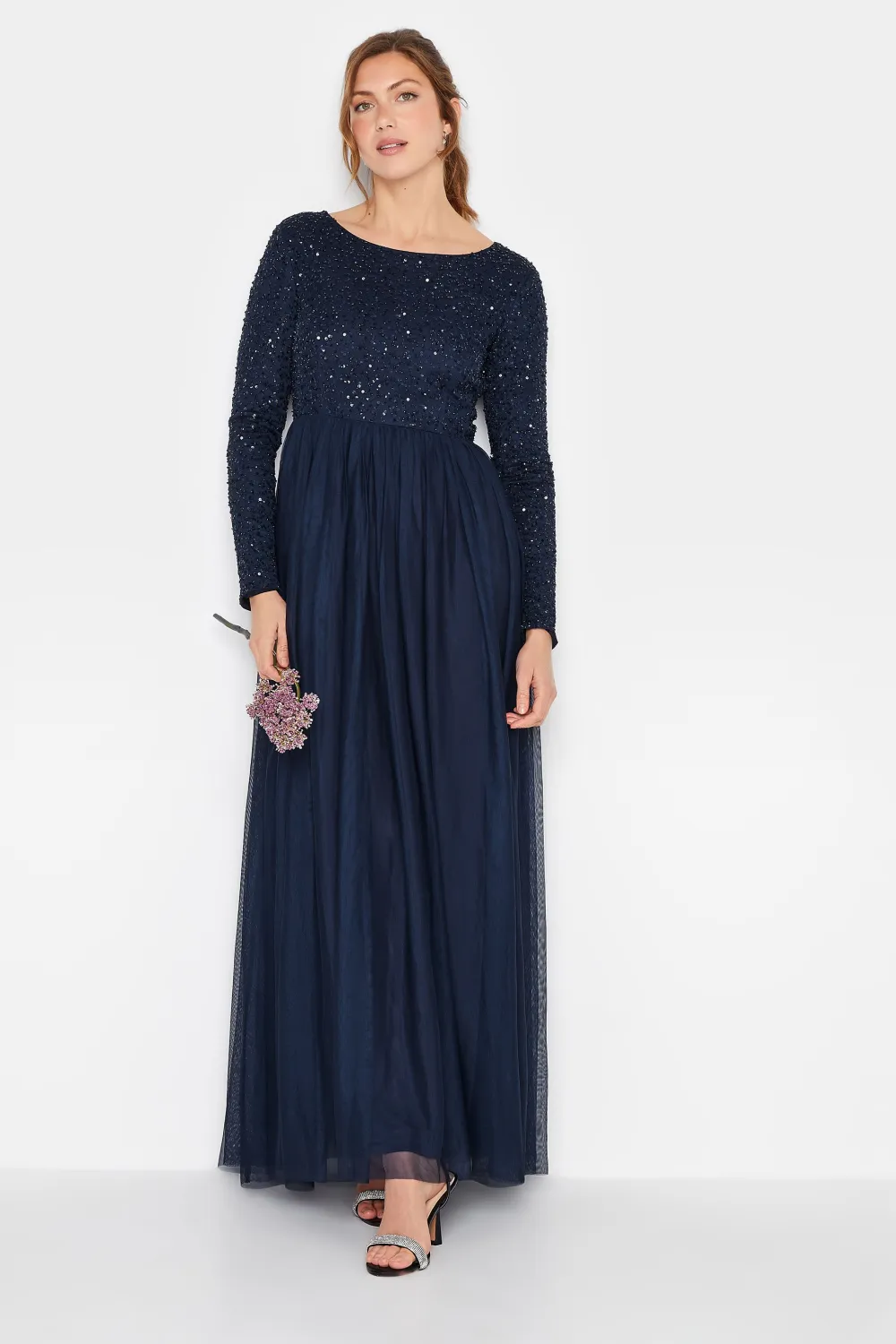 LTS Tall Blush Pink Long Sleeve Sequin Hand Embellished Maxi Dress
