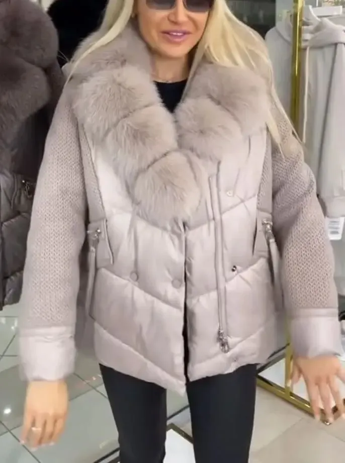 Down Jacket with Fur - trimmed Hood and Knitted Sleeves