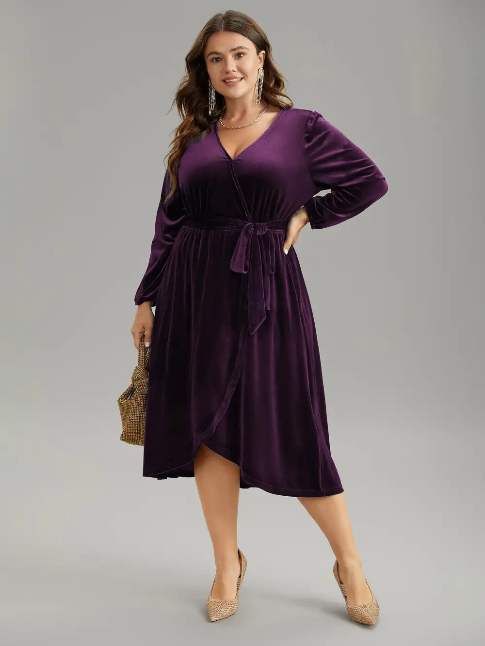 Solid Velvet Belted Wrap Arc Hem Dress