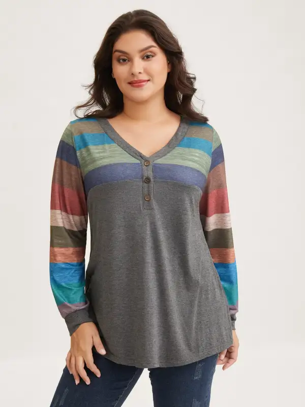 Colorblock Contrast V Neck Button Up T-shirt