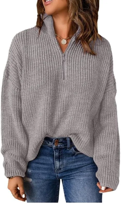 Womens Sweaters Long Sleeve 1/4 Zip Pullover Polo V Neck Dressy Casual Tops