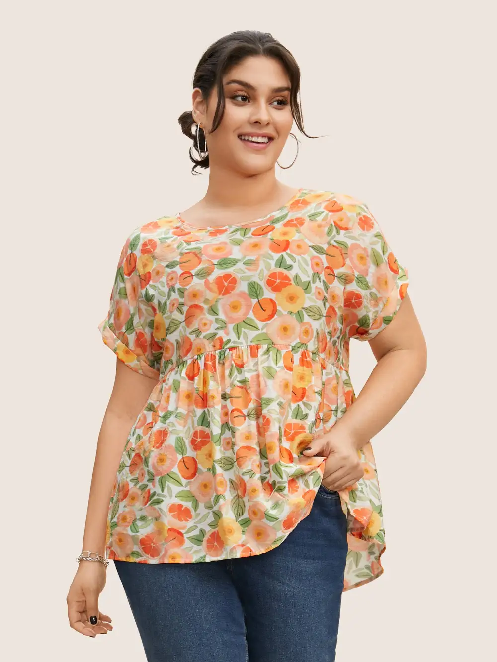 Fruit Print Curved Hem Batwing Sleeve Blouse