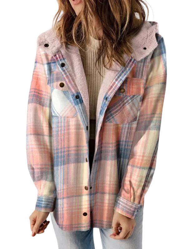Women's Plaid/Houndstooth Button - Front Hooded Coat