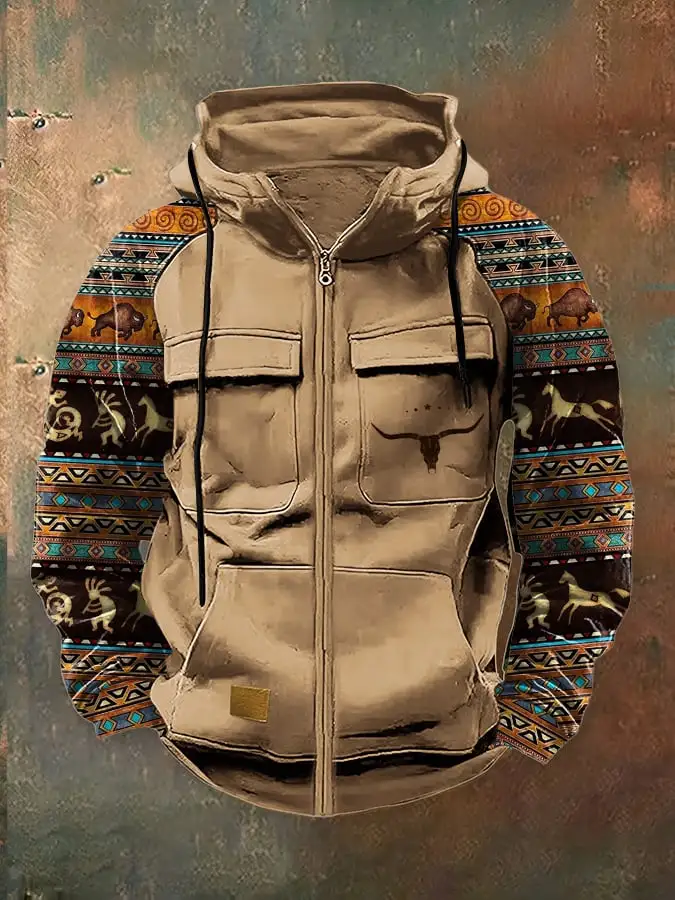 Men's Vintage Western Deer Print Multi-Pocket Jacket
