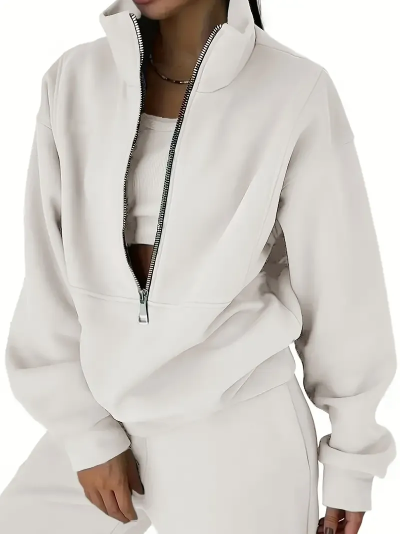 Two-Piece Solid Color Casual Outfit - High Neck Zip Front Long Sleeve Sweatshirt & Elastic Waist Pants