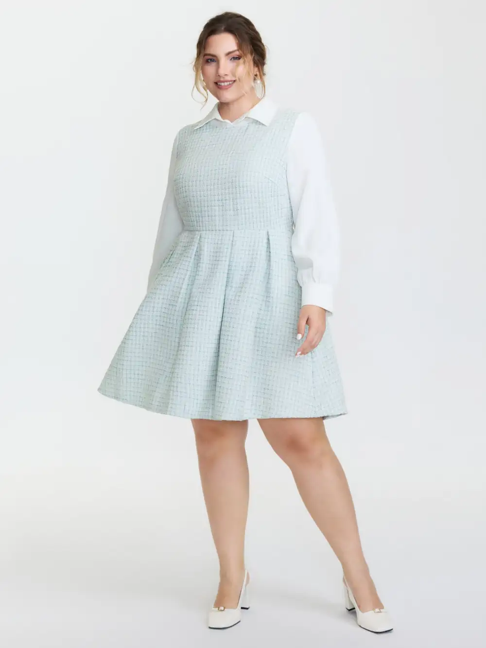 Tweed Colorblock Pleated Midi Dress