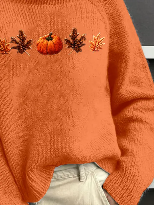 Women's Halloween Pumpkin Maple Leaf Print Casual Turtleneck Long Sleeve Sweater