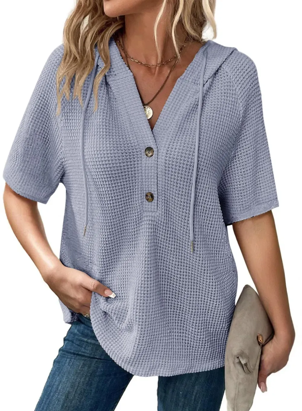 ✨Women's Waffle Knit Button V Neck Short Sleeve Lightweight Drawstring Hoodies(BUY 2 10% off)