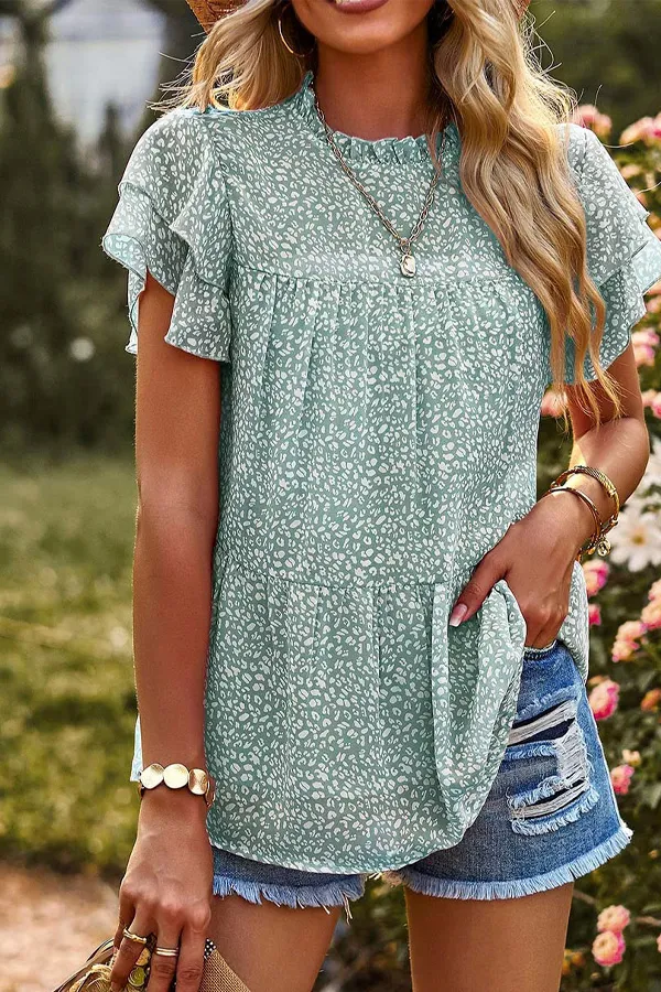 Animal Print Ruffle Chiffon T-Shirt