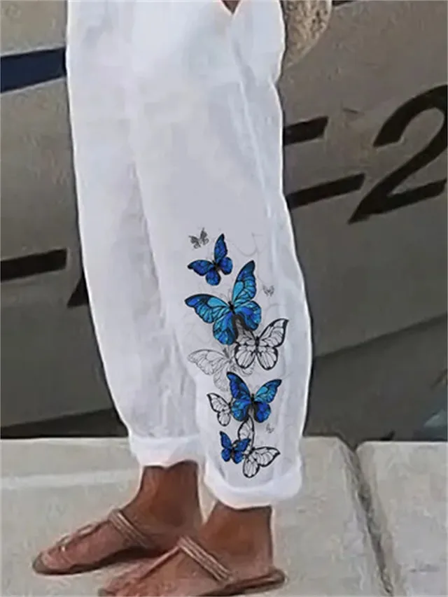 Women's Linen Pants Pants Trousers Baggy Full Length Faux Linen Side Pockets Baggy Fashion Casual Daily White Red S M