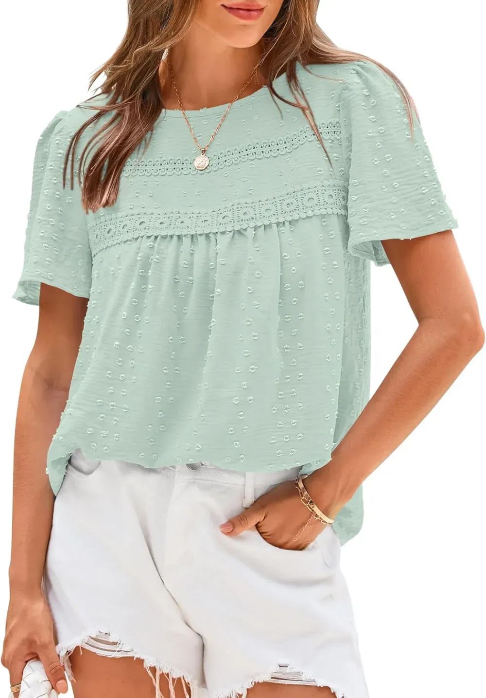 ✨Women's Swiss Dot Lace Crochet Crewneck Boho Short Sleeves