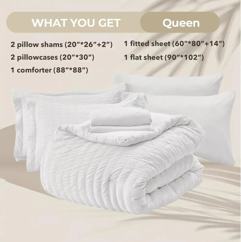 Queen Comforter Set Seersucker 7 Pieces, All Season Luxury Bed in a Bag for Bedroom, Bedding Set with Comforters, Sheets, Pillowcases & Shams, Dark Grey