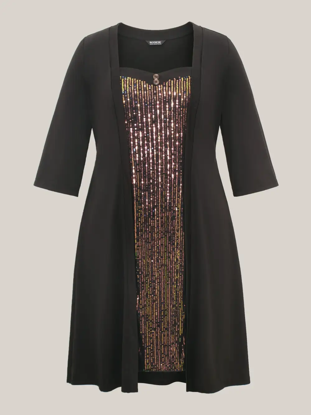 Heart Neckline Patchwork Sequin Button Detail Dress