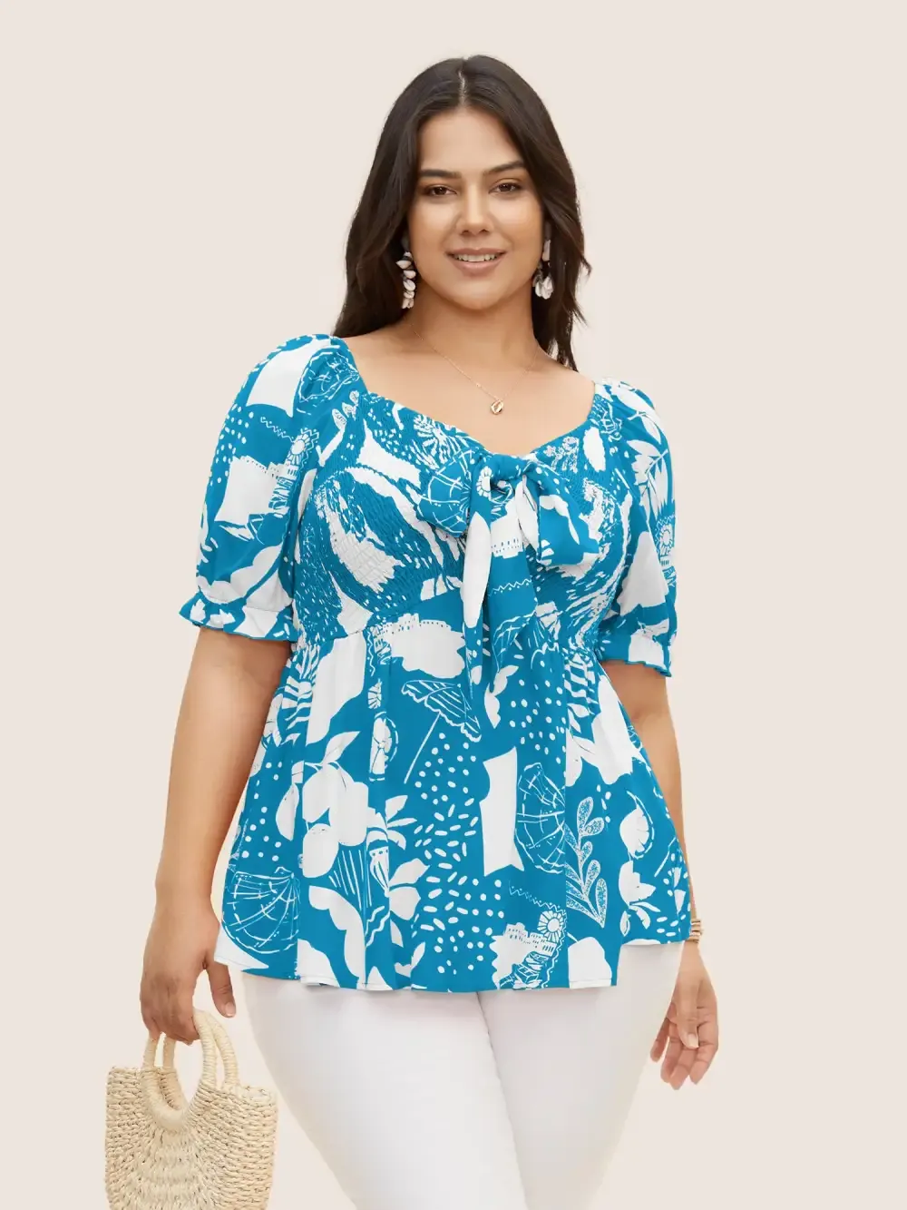Tropical Print Bowknot Shirred Lantern Sleeve Blouse