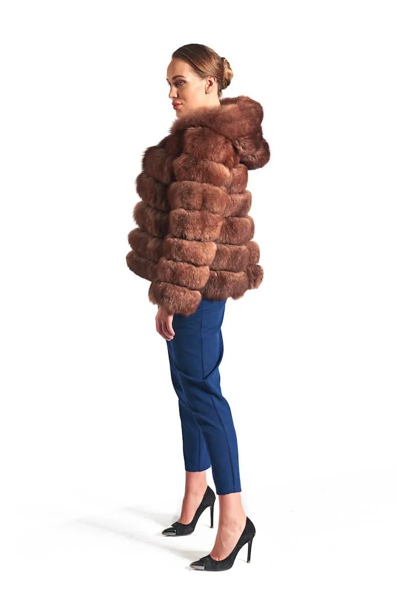 Brown  Fox Fur Coat Women's Hooded