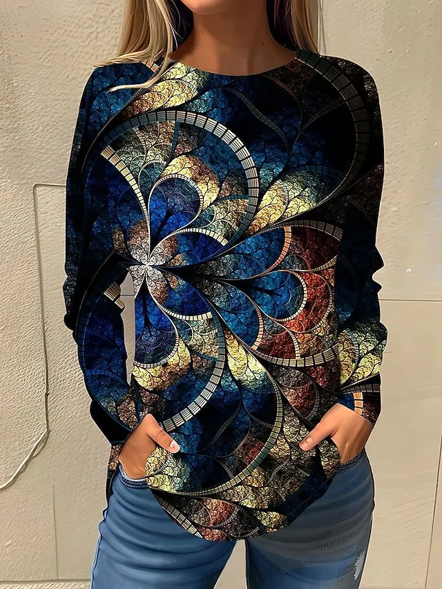 Women's T shirt Tee Floral Print Holiday Weekend Basic Long Sleeve Round Neck White Fall & Winter