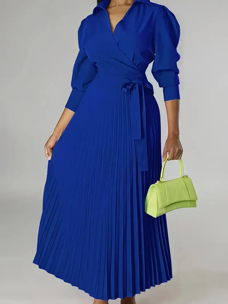 Elegant 3/4 Sleeve Solid Pleated Dress