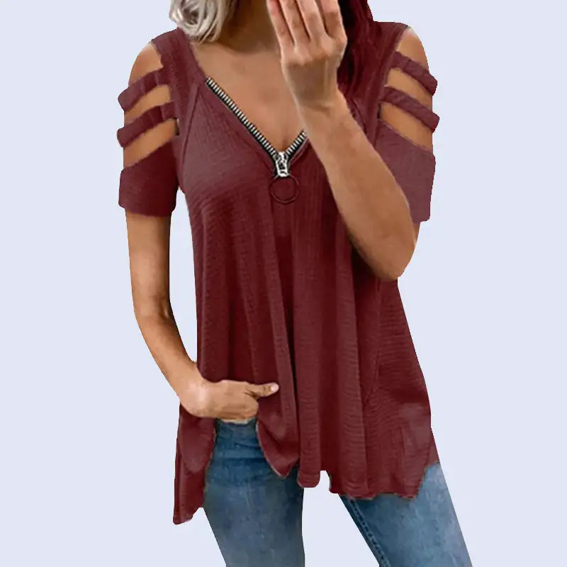 Sexy V-neck zipper solid color T-shirt