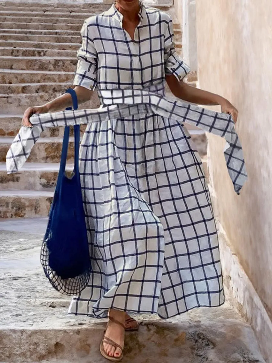 Ladies Casual Tie Plaid Maxi Dress