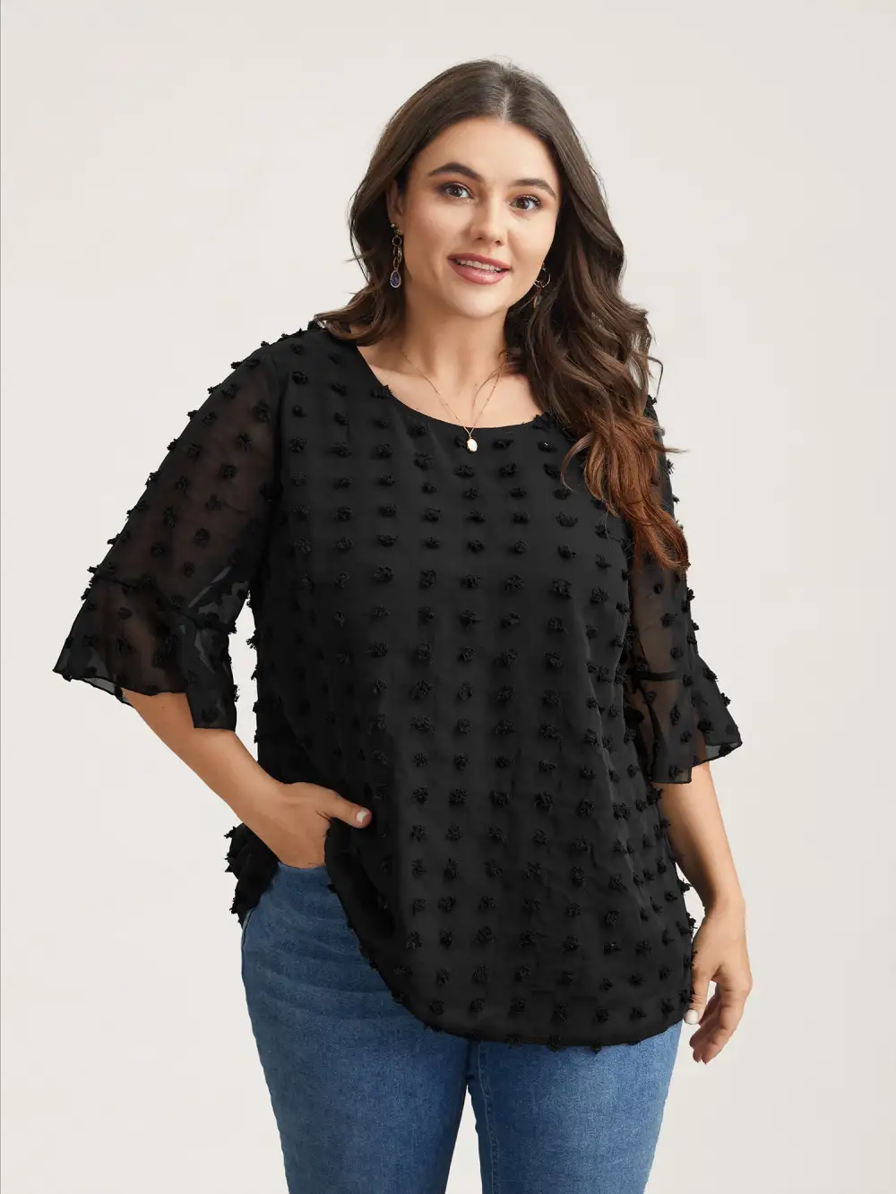 Chiffon Polka Dot Round Neck Shirt
