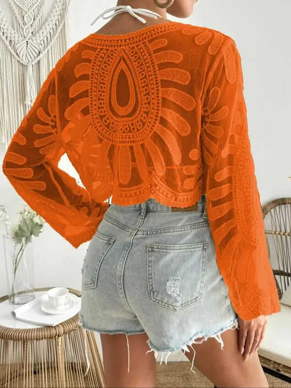 Women's Floral Embroidered Sheer Long Sleeve Beach Cover Up