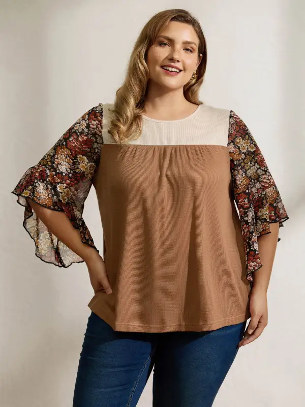 Colorblock Floral Sleeve Flowy Knit Top