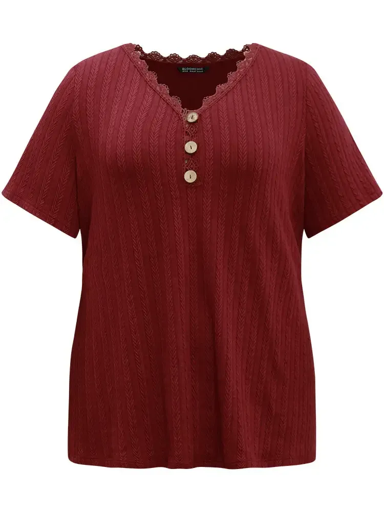 Lace Trim Plisse Button Detail T-Shirt