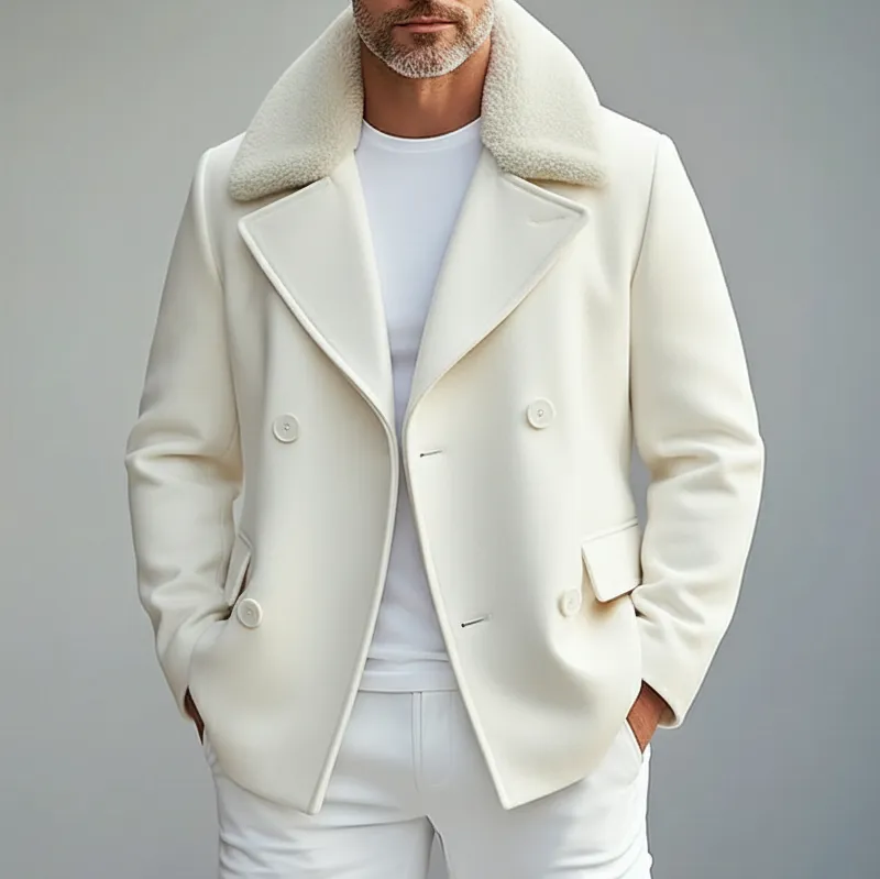 Men's Off White Plush Collar Double Breasted Long Sleeve Coat