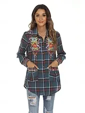 Women's Boho Shirt Floral Plaid Flower Casual Boho Long Sleeve Bishop Sleeve Shirt Collar Regular Tops Valentine's Day Work Daily Embroidered Blue Spring, Fall, Winter, Summer