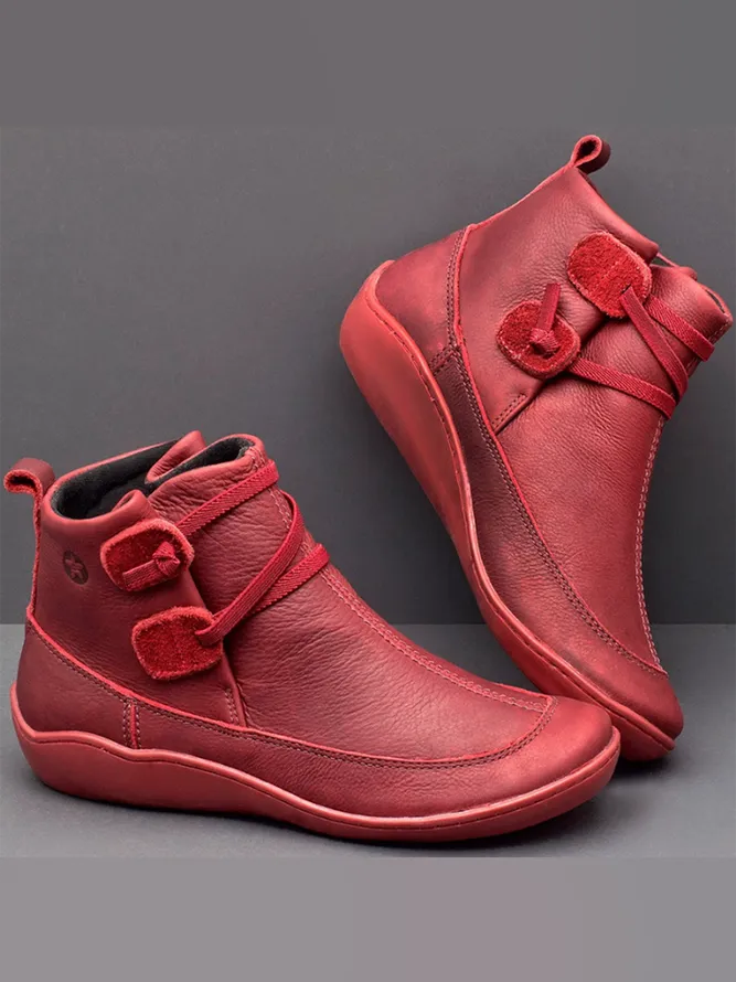Vintage Women Casual Braided Strap Breathable Lether PU Flat Heel Classic Boots