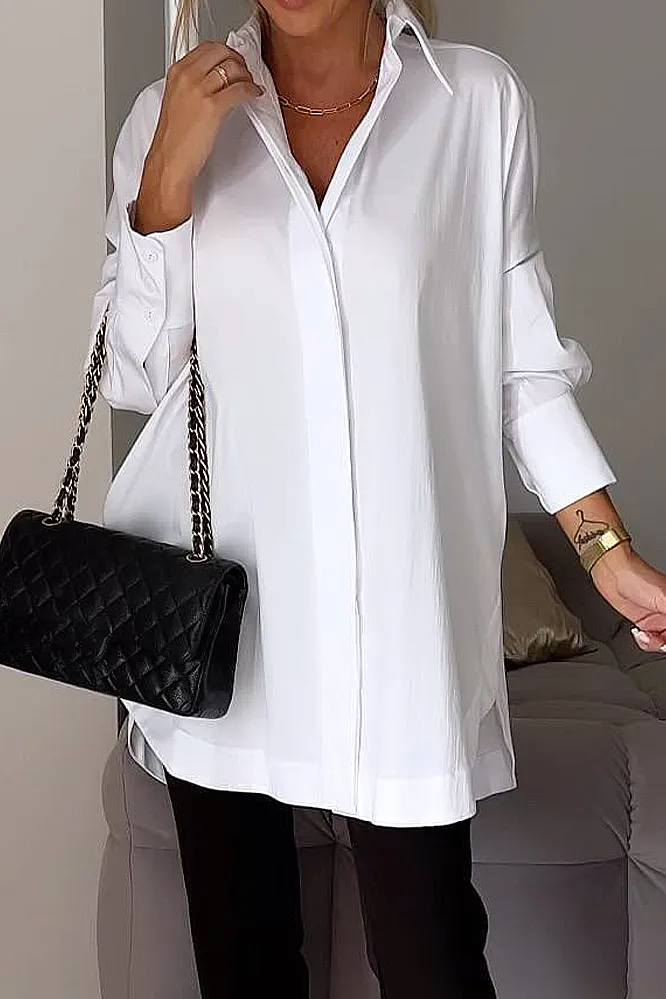 Women's solid color V-neck irregular shirt