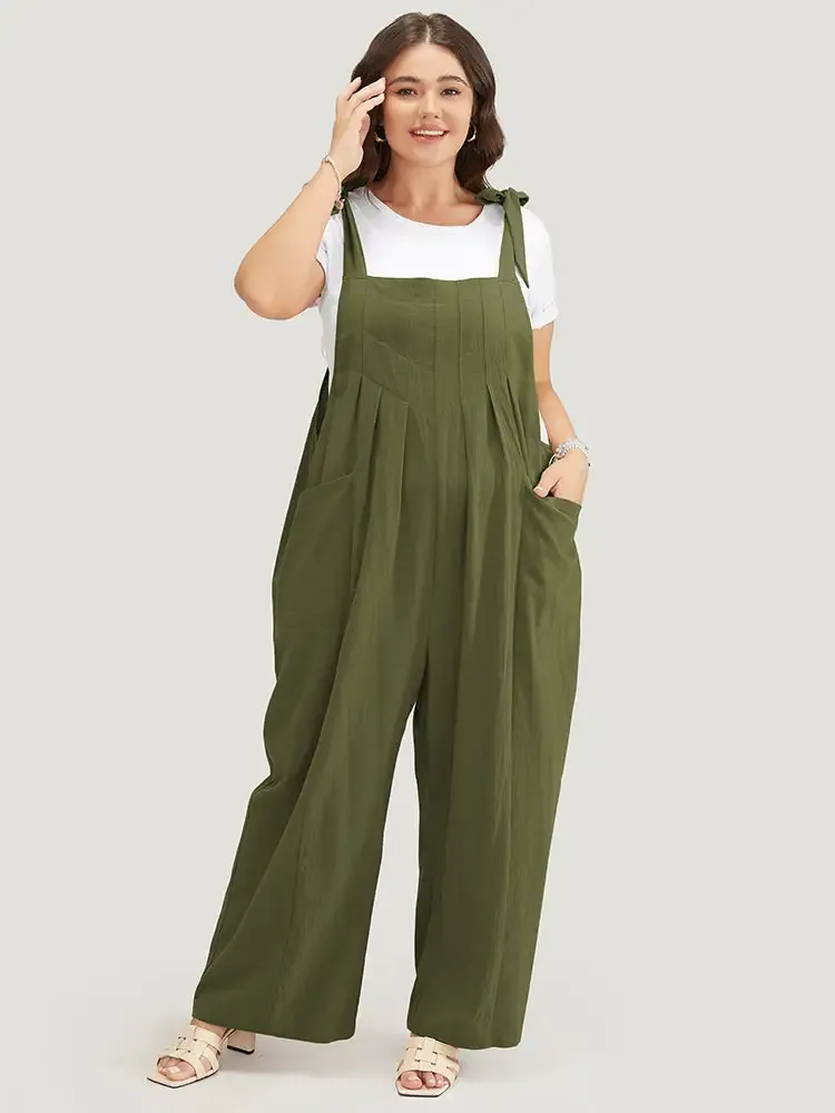 Solid Pleated Detail Pocket Knotted Shoulder Overall Jumpsuit